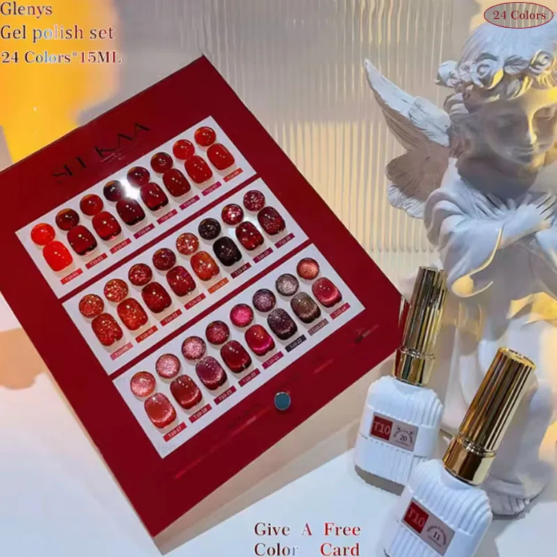

Glenys 24 color nail polish gel net red popular red immersion gel color card ultraviolet LED nail salon art varnish learning set