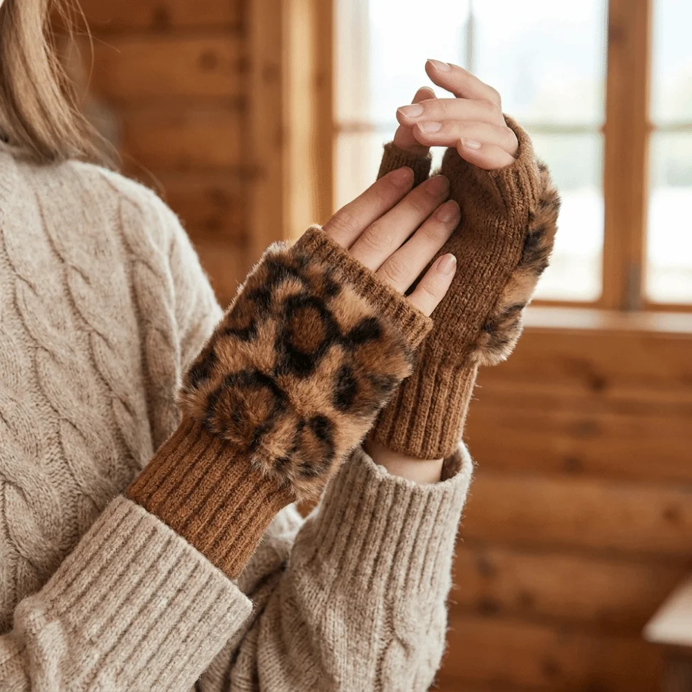 Vintage Warm Fingerless Gloves Short Style Soft Plush Half-Finger Gloves Polyester Knit Leopard Print Gloves Women