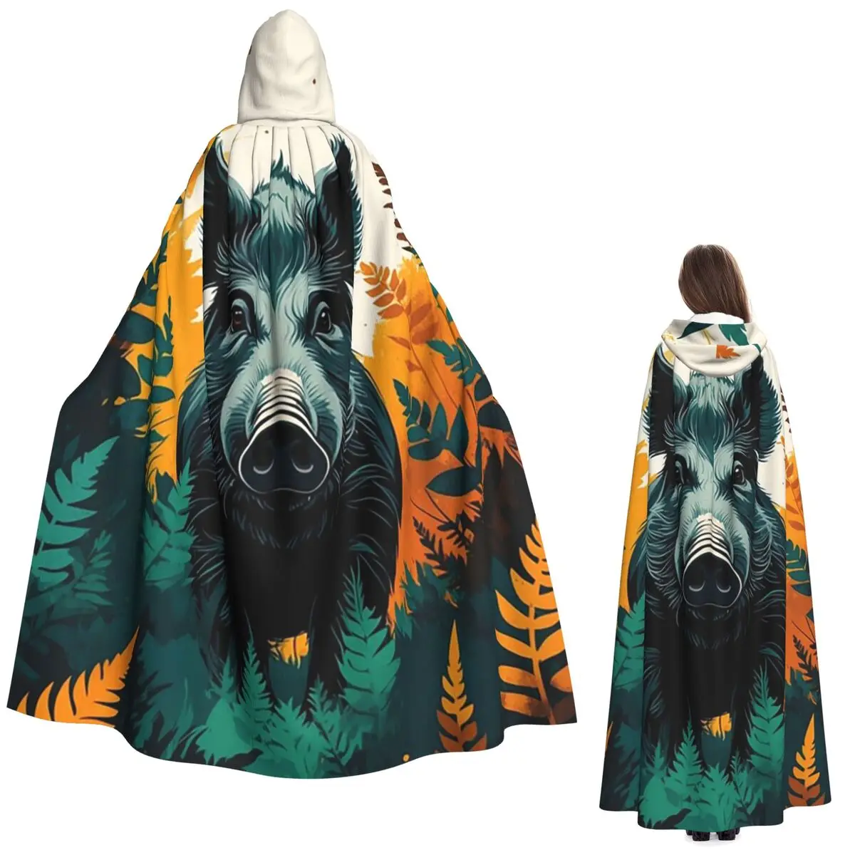 Ilustración de un bosque con jabalíes, arte rústico sobre fauna salvaje, capa larga con capucha, disfraz de bruja medieval, capa para cosplay, disfraz de Halloween, disfraz de vampiro para adultos.