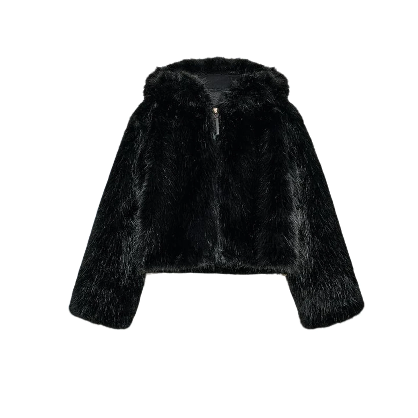 Otoño Invierno nueva llegada mujer cremallera Trim largo Sve con capucha piel Artificial ort Jaet abrigo fibra de poliéster cuello levantado