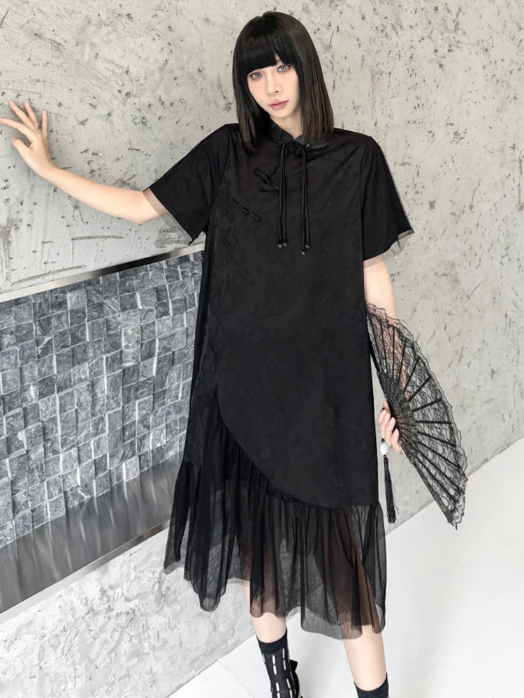 [EAM] Women Black Mesh Hem Big Size Vintage Dress New Stand Collar Sleeve Fashion Tide Spring Summer 2024 1DH6494 1DH6494