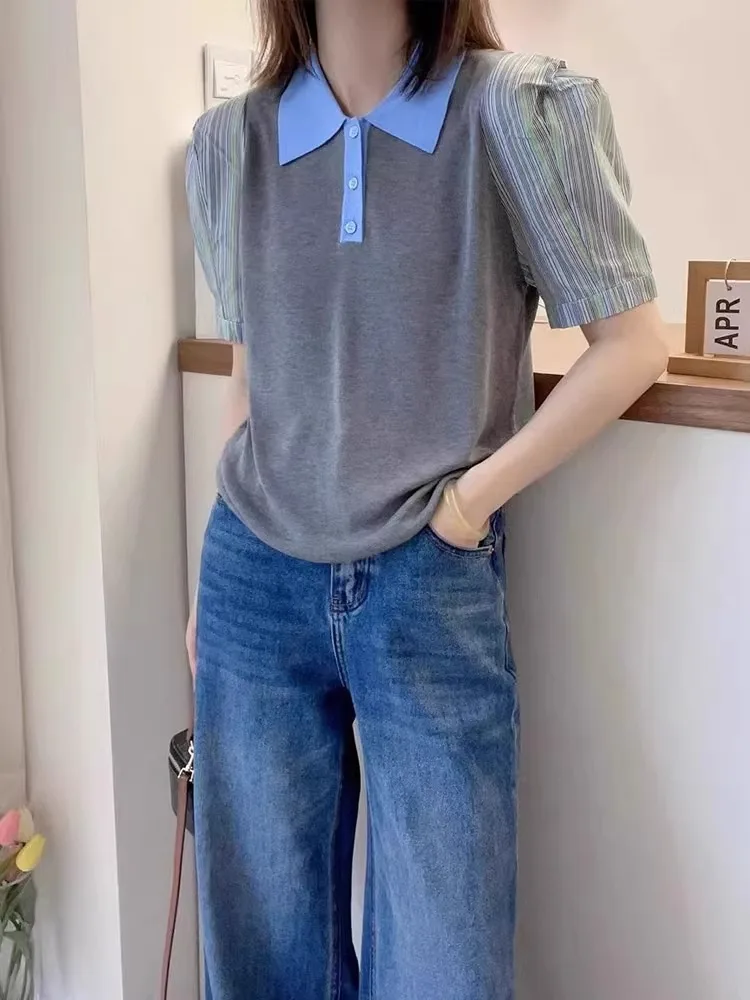 

Retro Striped Short Sleeve Shirt Women's Commute Fashionable Versatile Shirt Korean Style Loose Fit Summer Casual Top