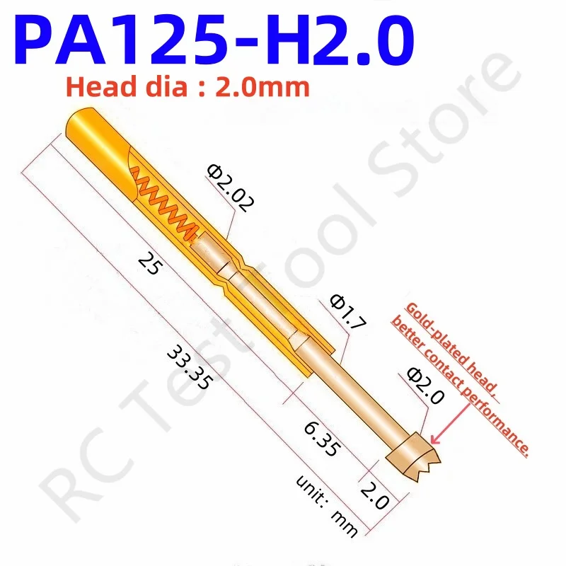 

20/100PCS SpringTest Pin PA125-H 33.35mm 2.02mm 9-claw Tip PA125-H2 Head Dia 2mm Needle Spring Test Probe P125-H2 PogoPin P125-H