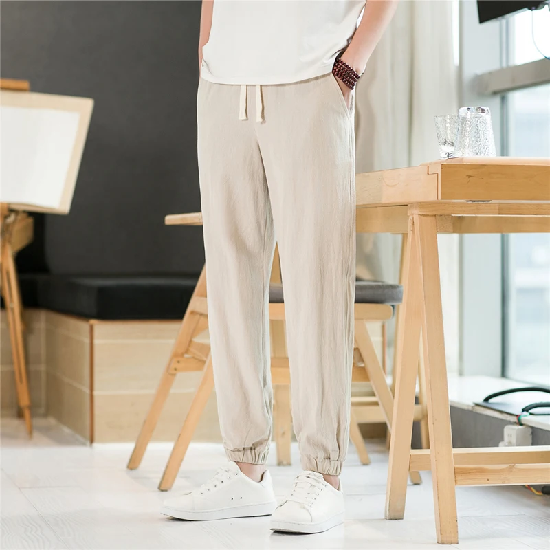 

2023 Summer Men's Trousers Cotton Linen Fashion Casual Pants Solid Color Breathable Loose Shorts Straight Pants Streetwear