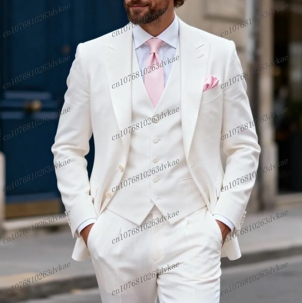 

New White Men Suit Wedding Party Formal Groom Groomsman Prom Business Male Tuxedos Customized 3 Piece Set Jacket Vest Pants