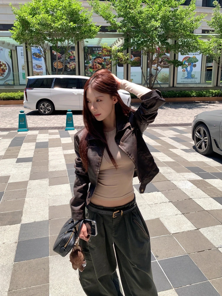 

French Elegant Leather Short Coats Women Thin Autumn Clothing Long Sleeve Tops Korean Fashion American Vintage Jackets Chic