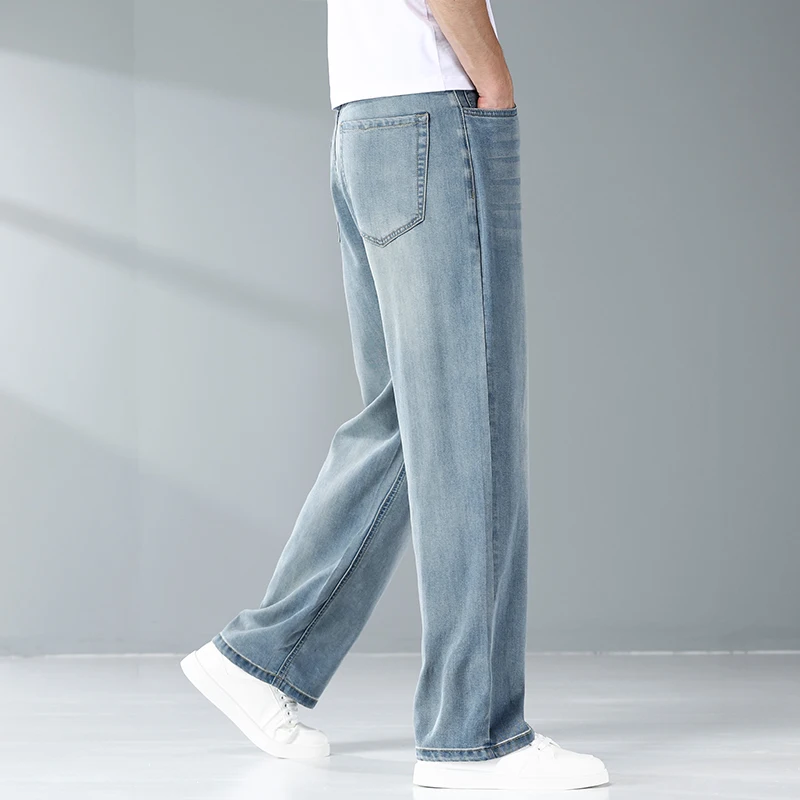 Summer Ice Silk Thin Light Gray Jeans for Men Loose Wide Leg Plus Size Casual Trousers High Quality Stretch Soft Fabric Pants