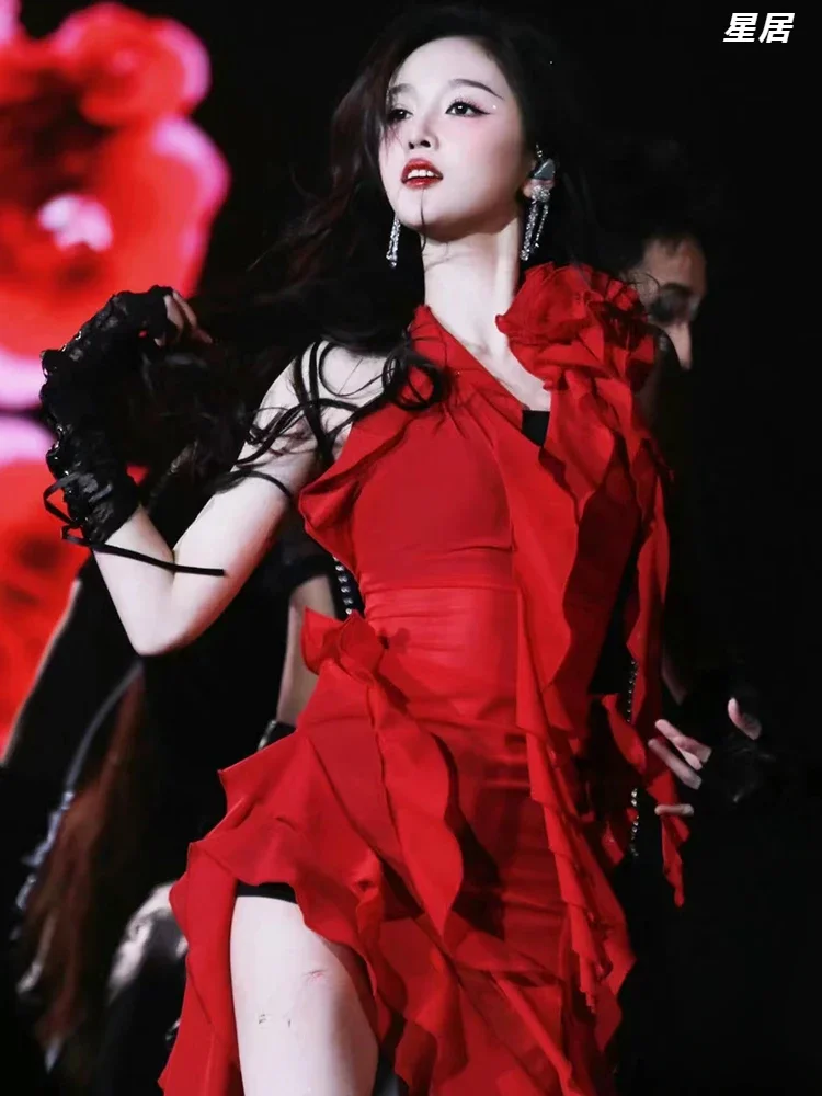 Women Group Kpop Dance Outfit Red Backless Halter Sling Floral Dress Jazz Dance Clothes Stage Singer Costume Hip Hop Dance Suit