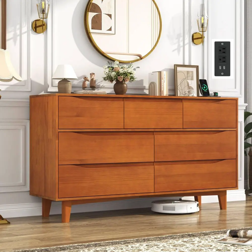 

Wood Drawers Dresser with Power Outlets, 7 Drawer Dresser for Bedroom, Mid Century Modern Vintage Large Chest of Dresser for Ha