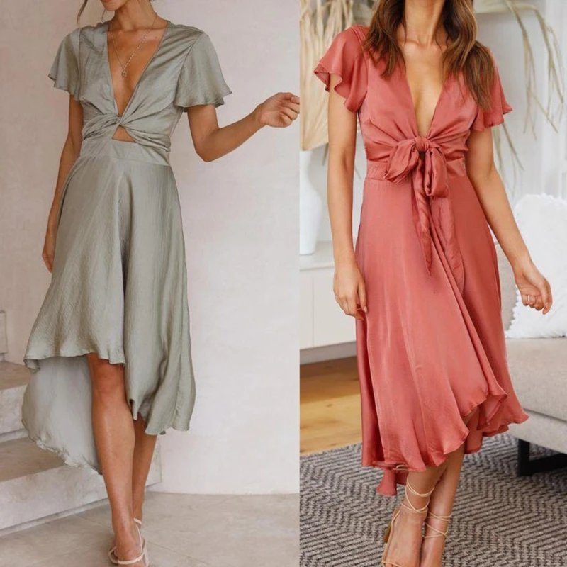 Womens Summer Satin Ruffle Short Sleeve V-Neck High Low Hem Flowy Midi Dress Twist Knotted High Waist A-Line Swing Dress