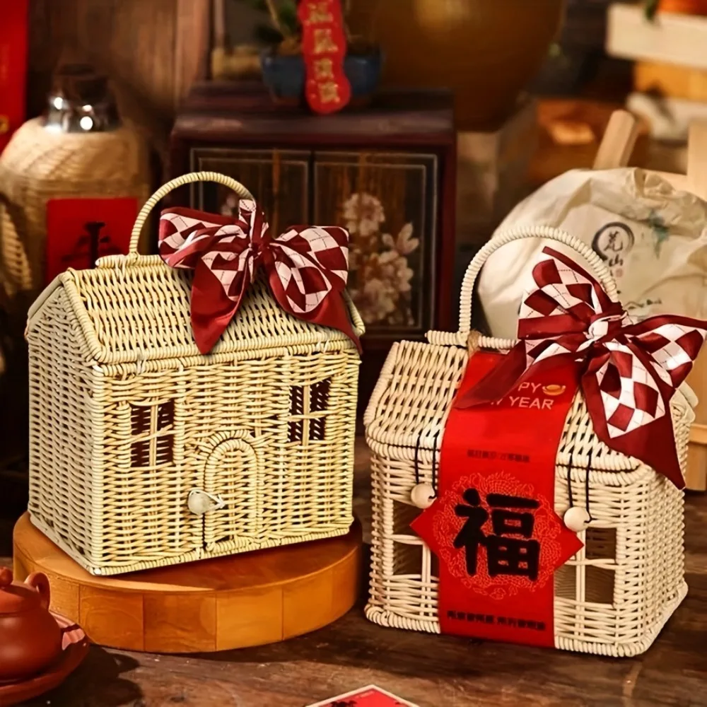 Small Rattan House Shaped Basket Garden Harvest Wicker Shelf Organizer with Lid Decorative Hand Woven Doll House Picnic Basket view 3