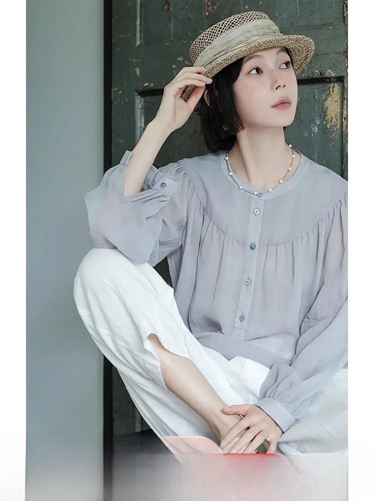 

Women's Long Sleeve Linen Shirt Textured Washed Sand Sun Protection Loose Fit Button Detail Gathered round Neck Pure Color