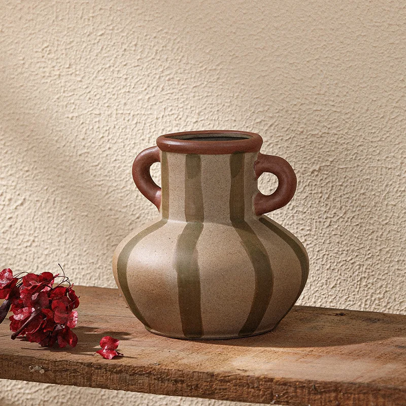 Vintage Ceramic Vase with Double Handles Striped Dot Design Small Mouth Creative Hydroponic Pot