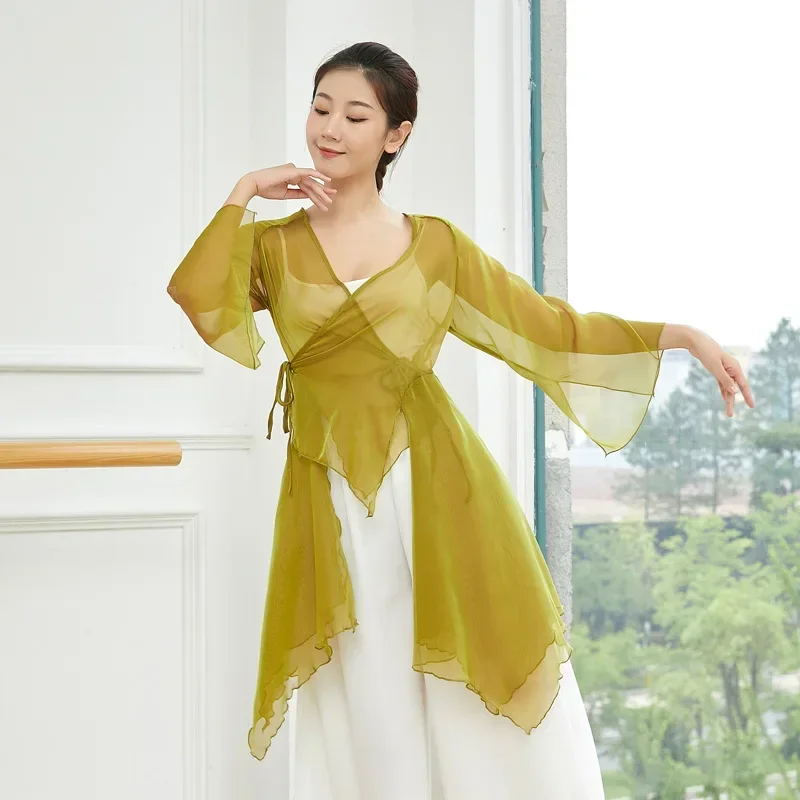 Costume Long pour femmes, vêtements de danse, vêtements classiques en mousseline de soie pour adultes, danse du ventre, cravate latérale, haut fendu, Cardigan Transparent, chemisier