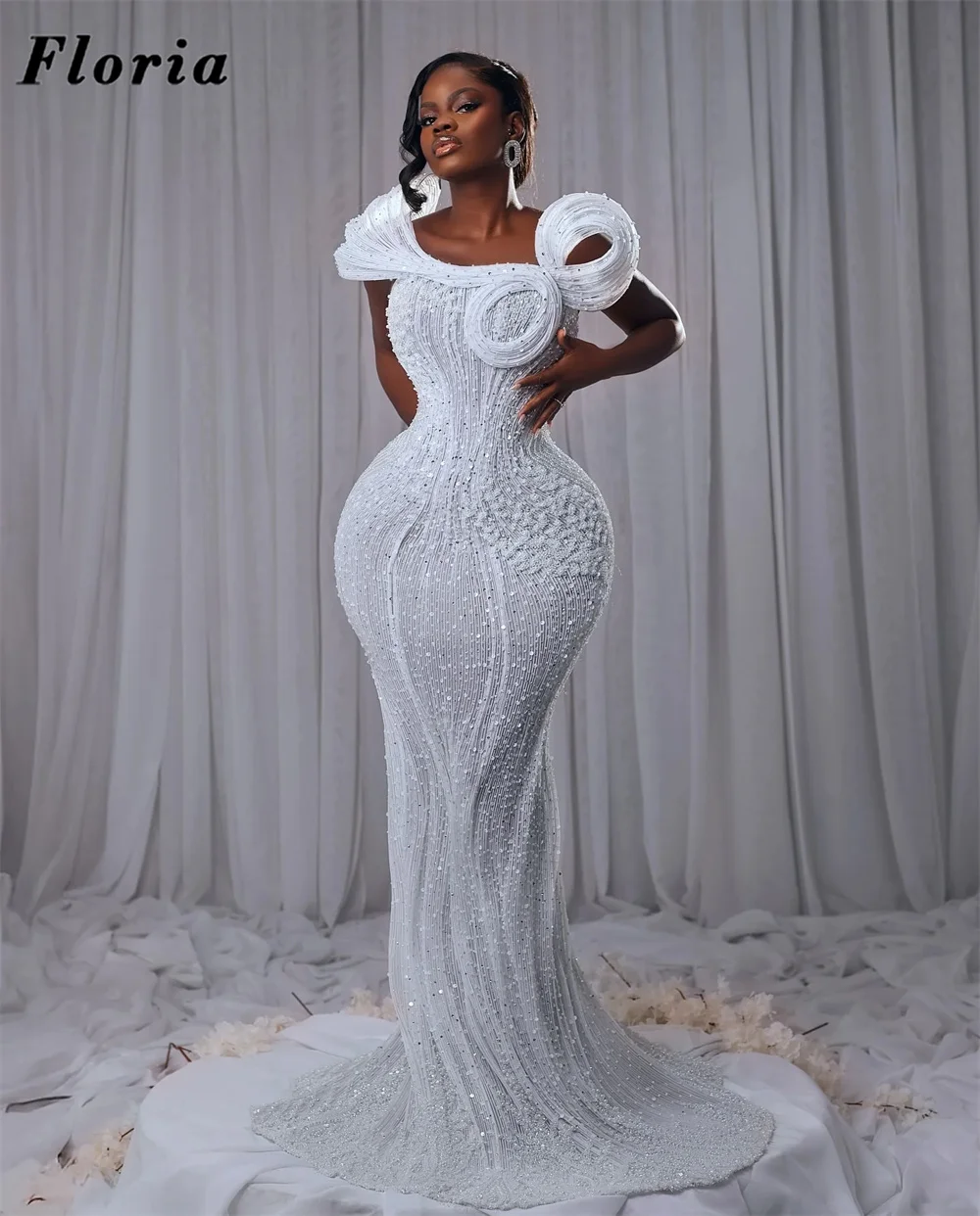 فساتين سهرة مطرزة بحورية البحر باللون الأبيض الأفريقي Aso Ebi ثلاثية الأبعاد بكشكشة لحفلات الزفاف فستان كوكتيل من Vestidos De Noche مخصص #1