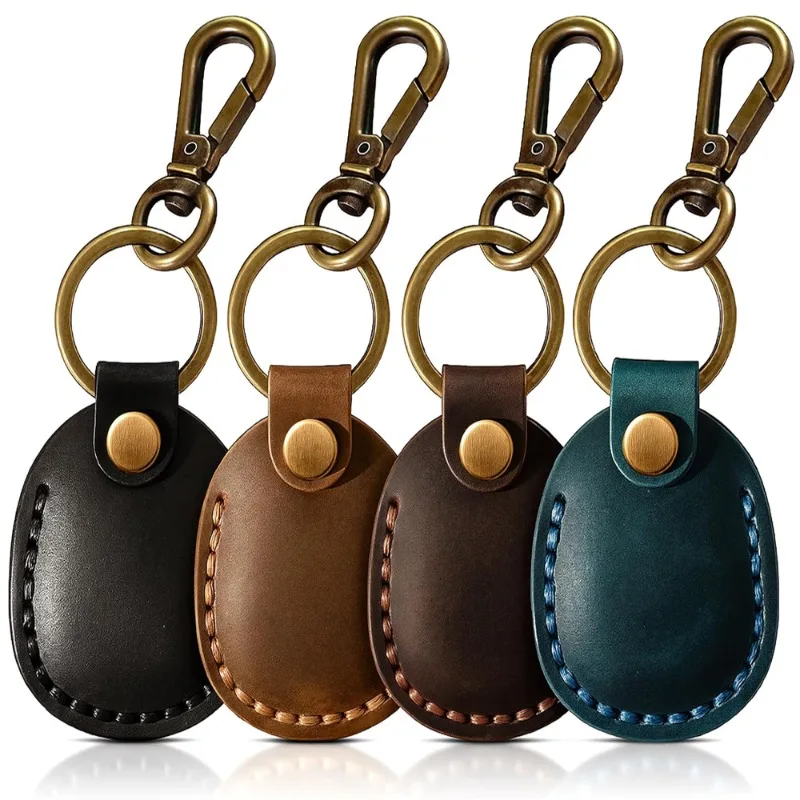 For Apple AirTag Portable Handmade PU Leather Holder Case with Keyring Full Coverage Protective Case Cover for AirTags Air Tag