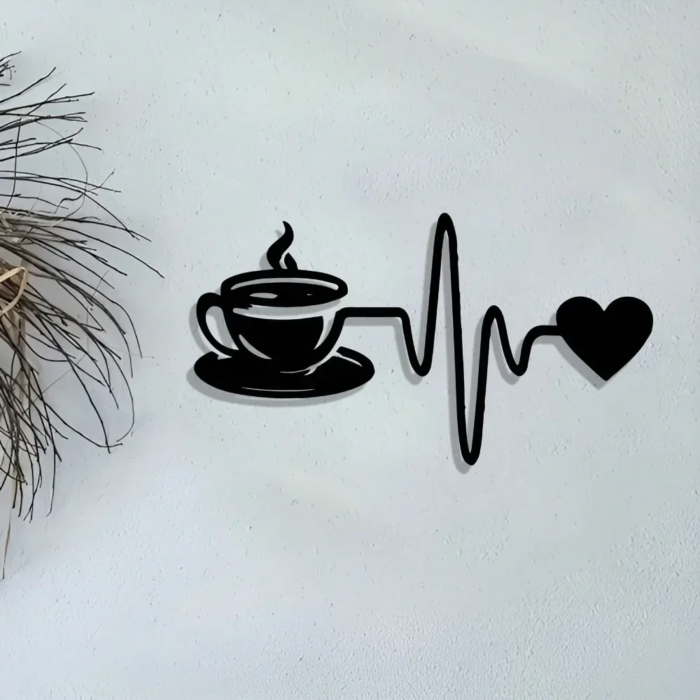 Vintage Laser Cut Iron Wall Art Plaque, Coffee Cup & Heartbeat Design, Durable Metal Decor for Home Cafe Office Garden