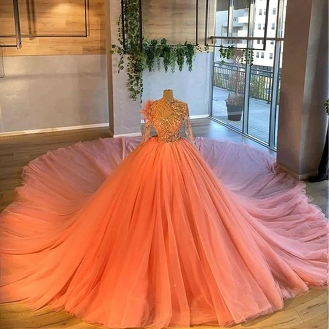 Water Melon Glitter Sexy Luxury Quinceanera Dresses Long Sleeves Appliques Sequins Sparkly Cocktail Gowns Plus Size