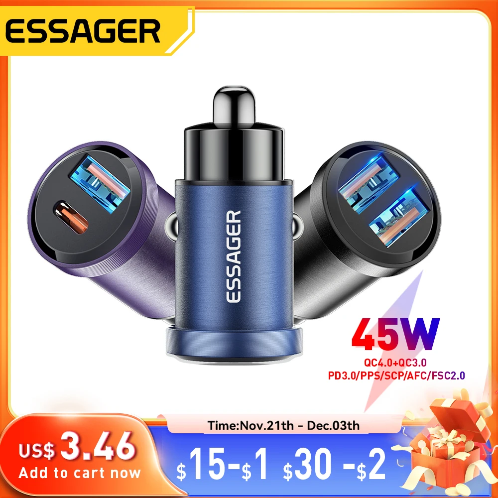 Essager 30W USB Car Charger Quick Charge4.0 QC PD 3.0 SCP 5A USB Type C Car Fast Charging For iPhone 14 13 Huawei Samsung Xiaomi