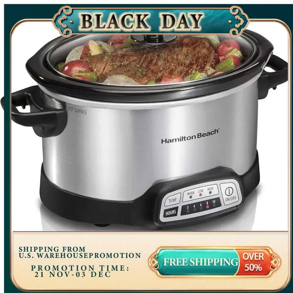 Programmable Slow Cooker with Flexible Easy Programming, 5 Cooking Times, Dishwasher-Safe Crock, Lid, 4 Quart, Silver