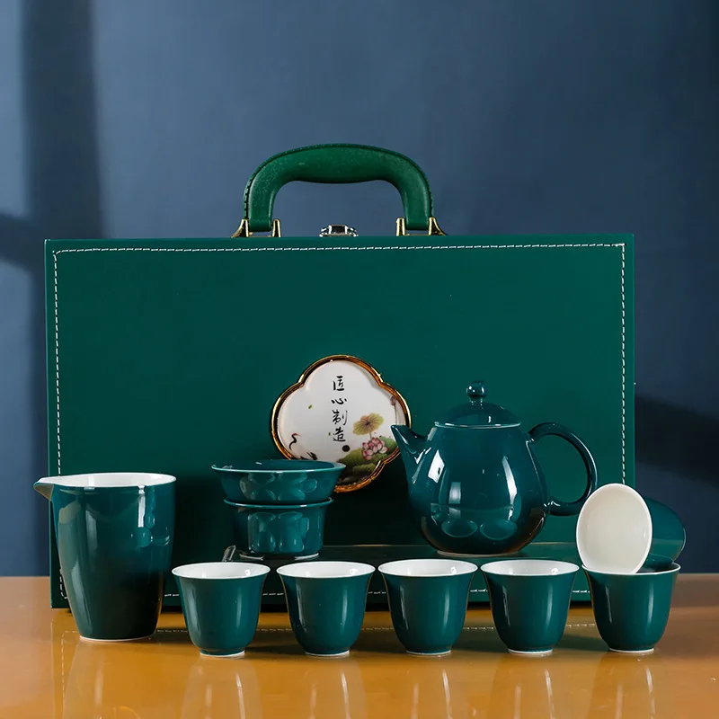 

A complete set of covered bowl tea set, green gift box, office household ceramic tea set, business tea set gift set