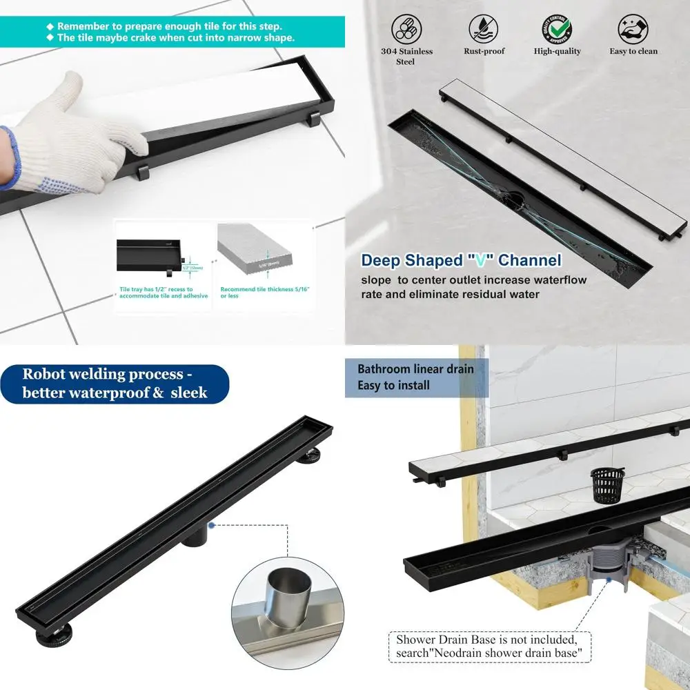 

Matte Black 30 Rectangular Shower Drain with Tile Insert, Stainless Steel Linear Drain, Leveling Feet & Hair Catcher
