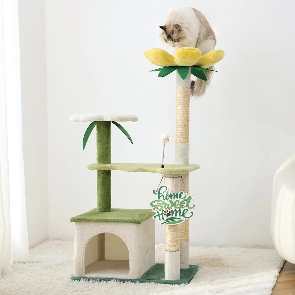 

47.5-Inch Cute Avocado Flower Garden Cat Tree Tower Condo House Furniture Bed Plush Ball Activity Platform