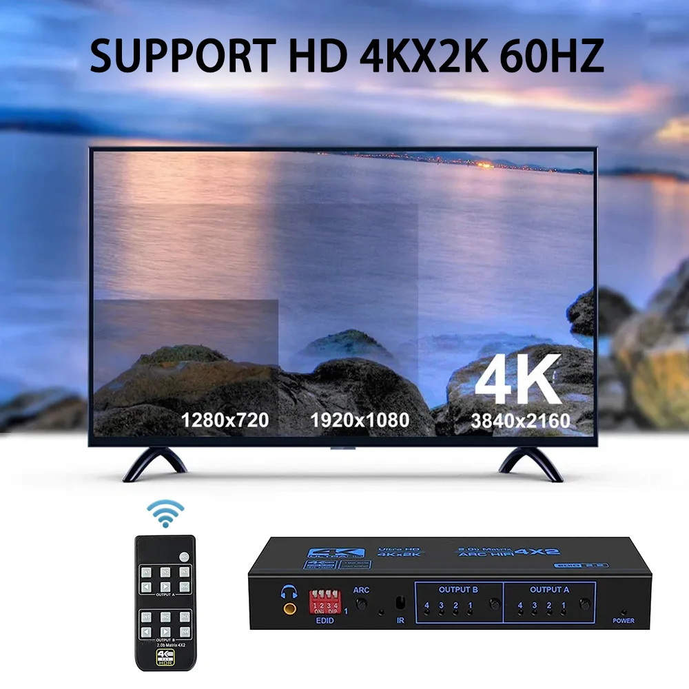 4K 60Hz Matrix 4x2 with Optical 3.5mm Stereo Audio Out Switcher Splitter 4 In 2 Out Support ARC HDCP 2.2 EDID HDMI-compatible