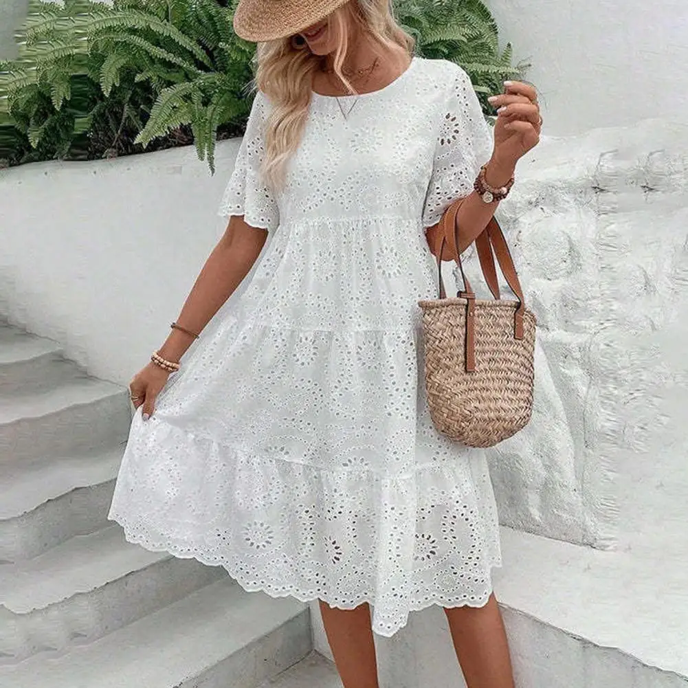 

Women Midi Dress Hollow Out Short Horn Sleeves A-line Pleated Lace Embroidery Vacation Beach Dress Summer Women Holiday Dress