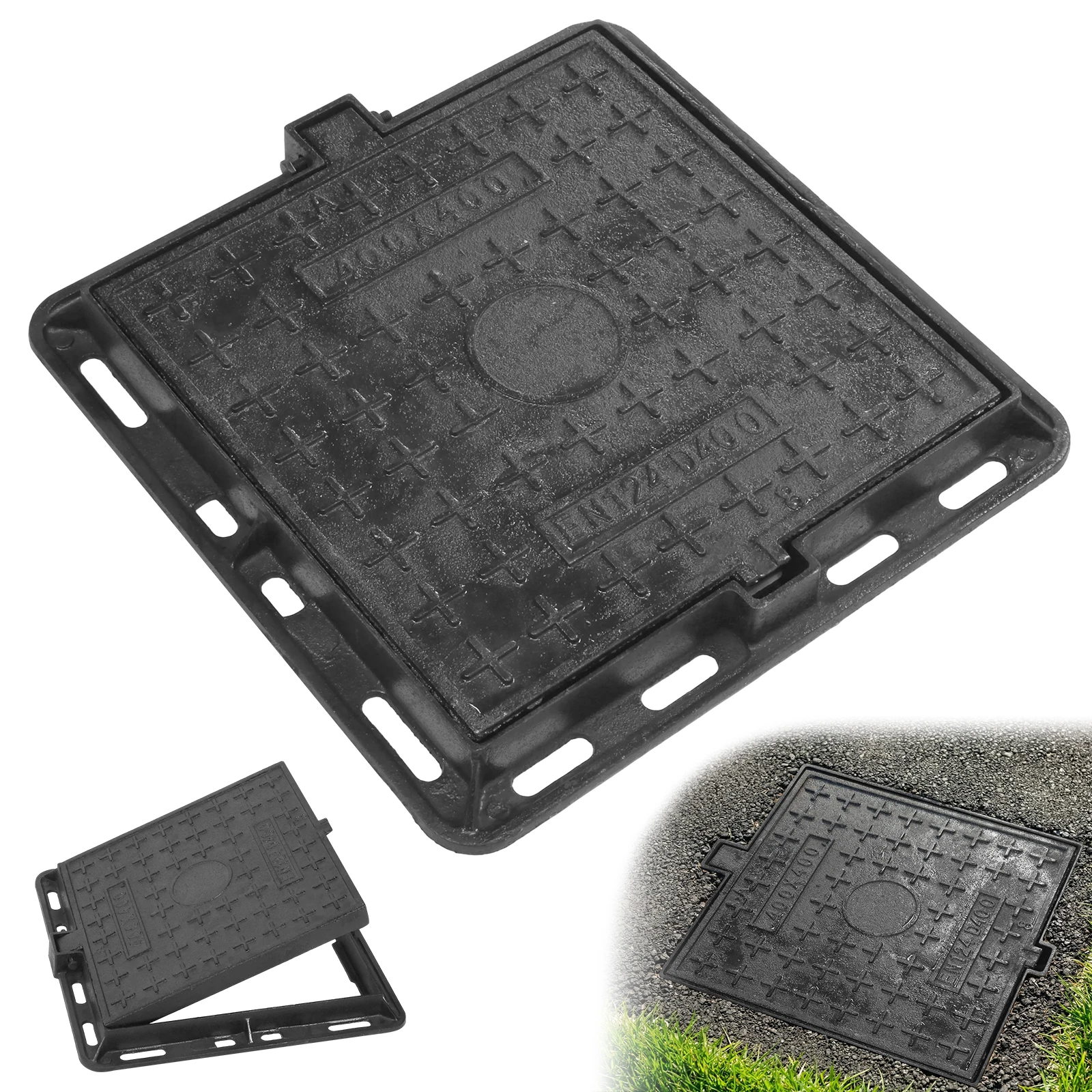 Cast Iron Manhole Cover and Frame with Base Rectangular Lift-Off Manhole Covers Non-Slip Design for Concrete Yard Basement Patio