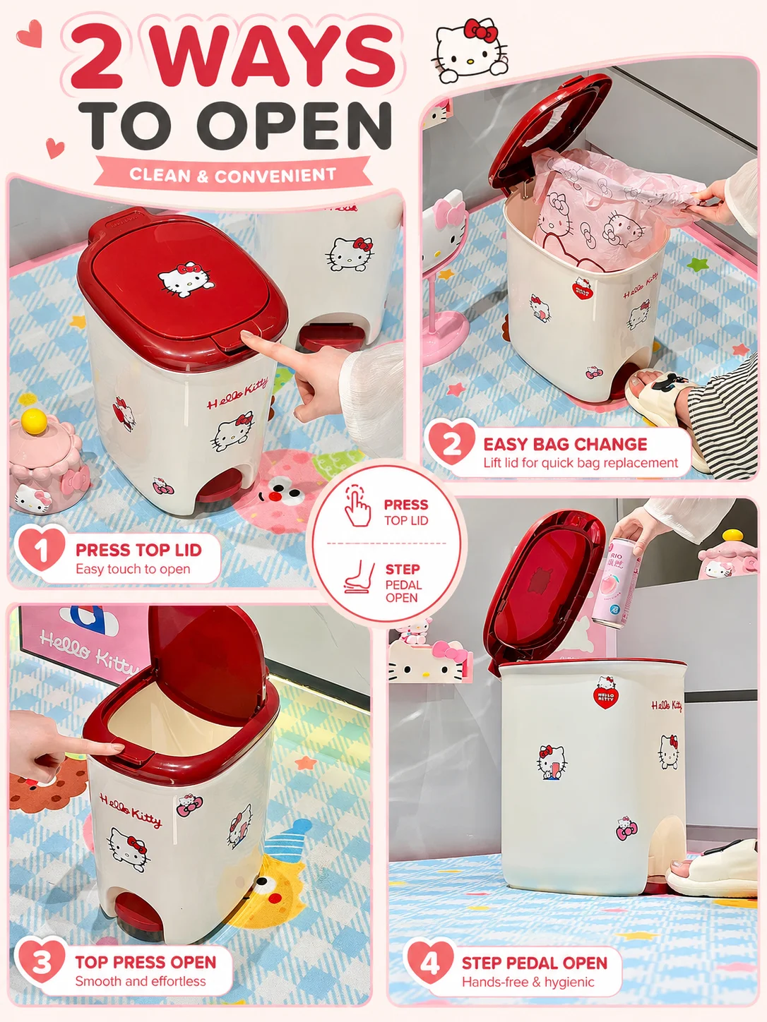 Sanrio Hello Kitty Cartoon Household Waste Can Hand Use Press &Pedal Trash Can Odor Proof Waste Bin Easy Clean IndoorWastebasket view 3