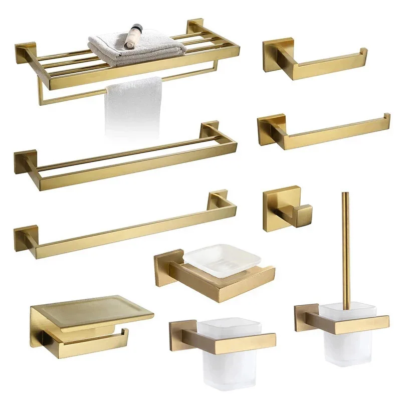 

304 Stainless Steel Bathroom Hardware Kit Wall Mount Hand Towel Bar Rack Toilet Roll Paper Holder Robe Hook Hanger Brushed Gold