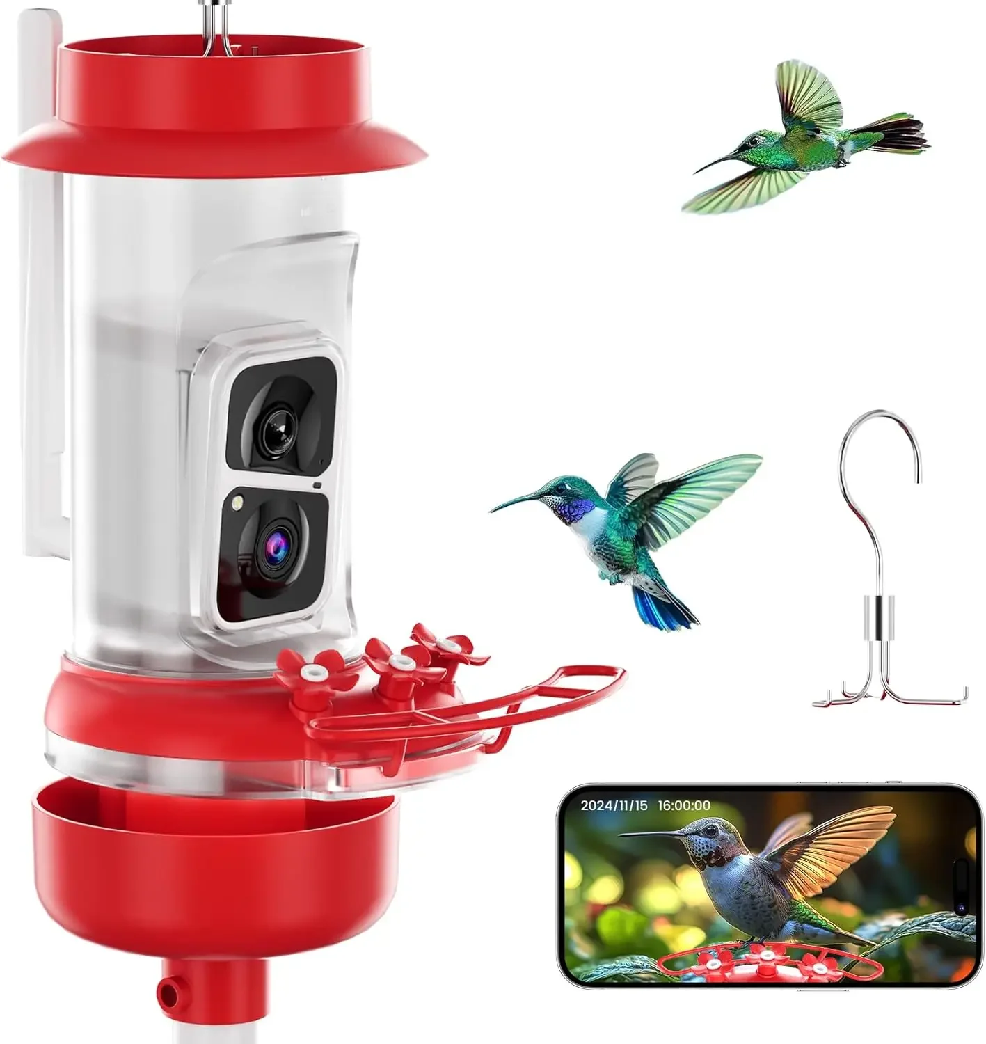 

Hummingbird Feeder Camera Smart Outdoor Bird Feeder 2K Live View AI Identify Leak Proof Ant Moat Bee Proof Pole Hook Hanging 16