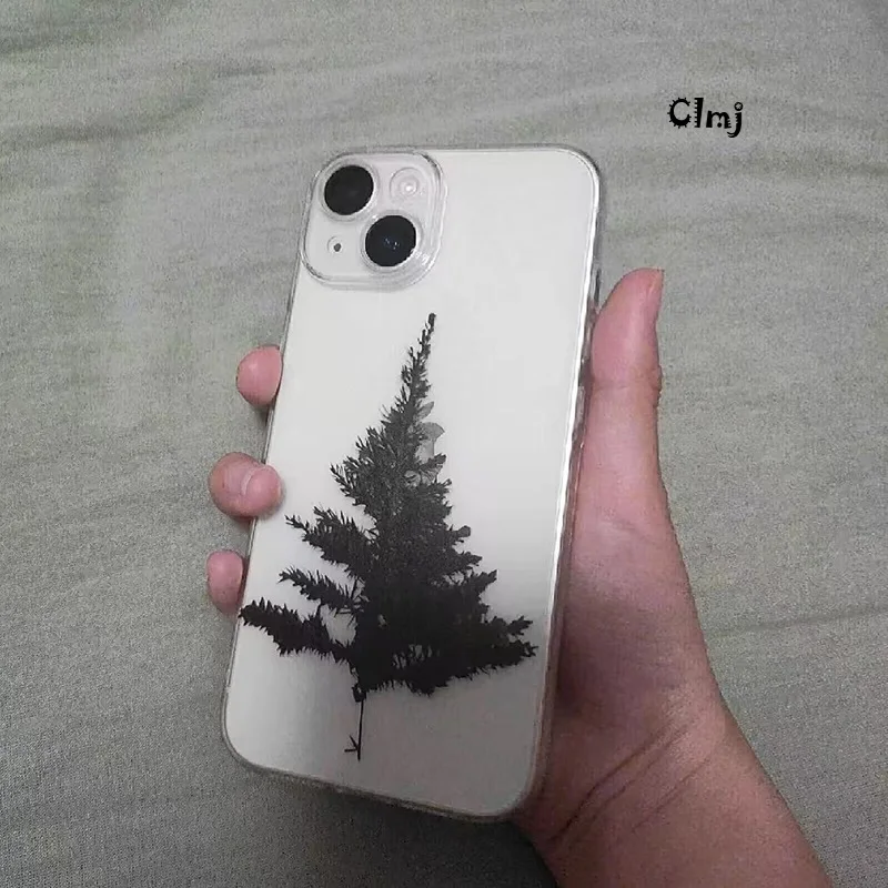 Clmj Korean Pine Tree Phone Case For iPhone 11 13 Pro 12 14 Pro Max 15 Plus XR X XS Max Silicone Phone Cover iPhone Case INS