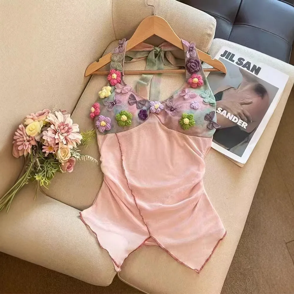 Handmade Heavy Embroidery Short Crop Top Floral Halter Neck Vest Spicy Girl Summer New Style Semi-Transparent Slimming Top