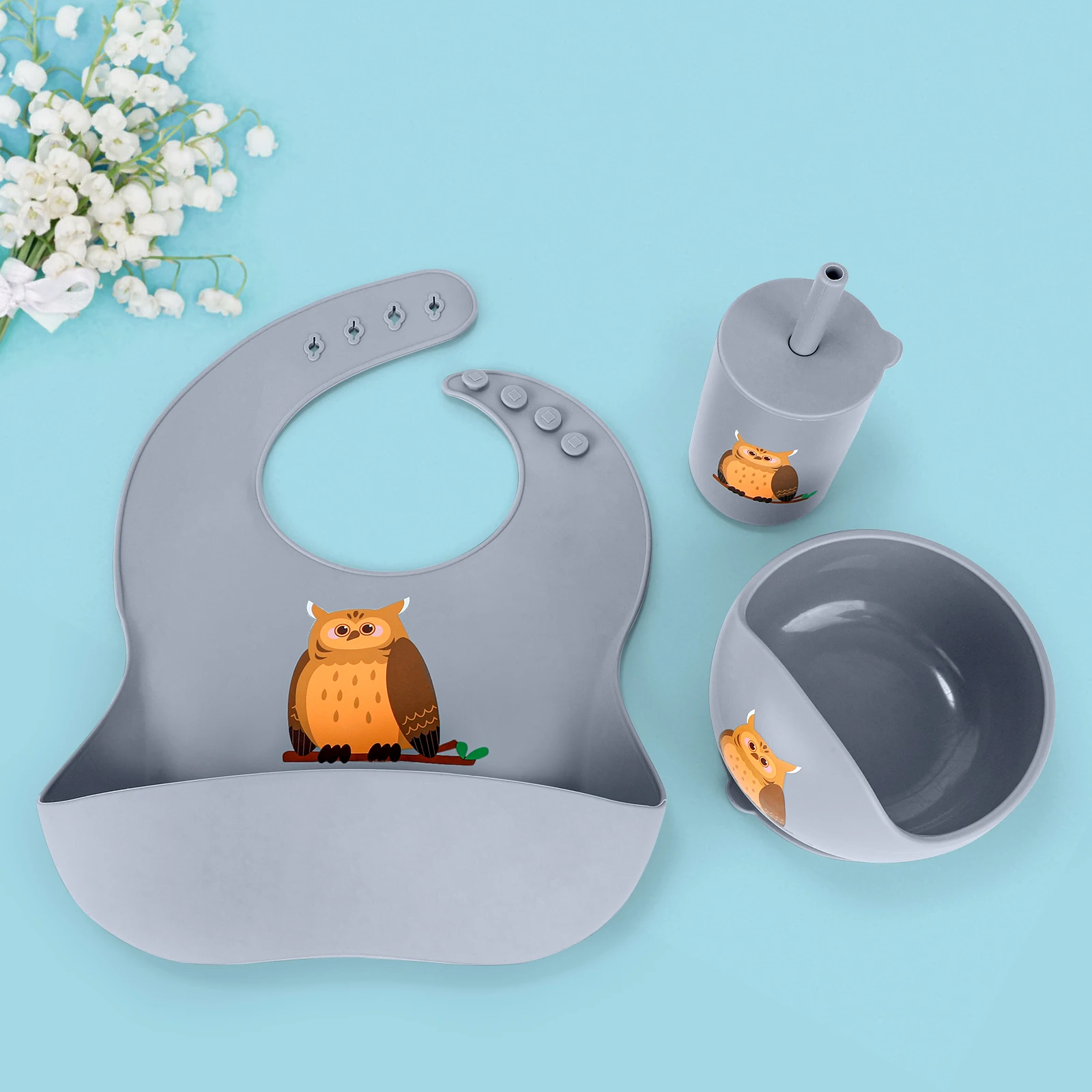 Ensemble d'alimentation en Silicone imprimé pour bébé, complément alimentaire, vaisselle et bols avec ventouses, bavoir de poche, gobelet couvert, 3 pièces