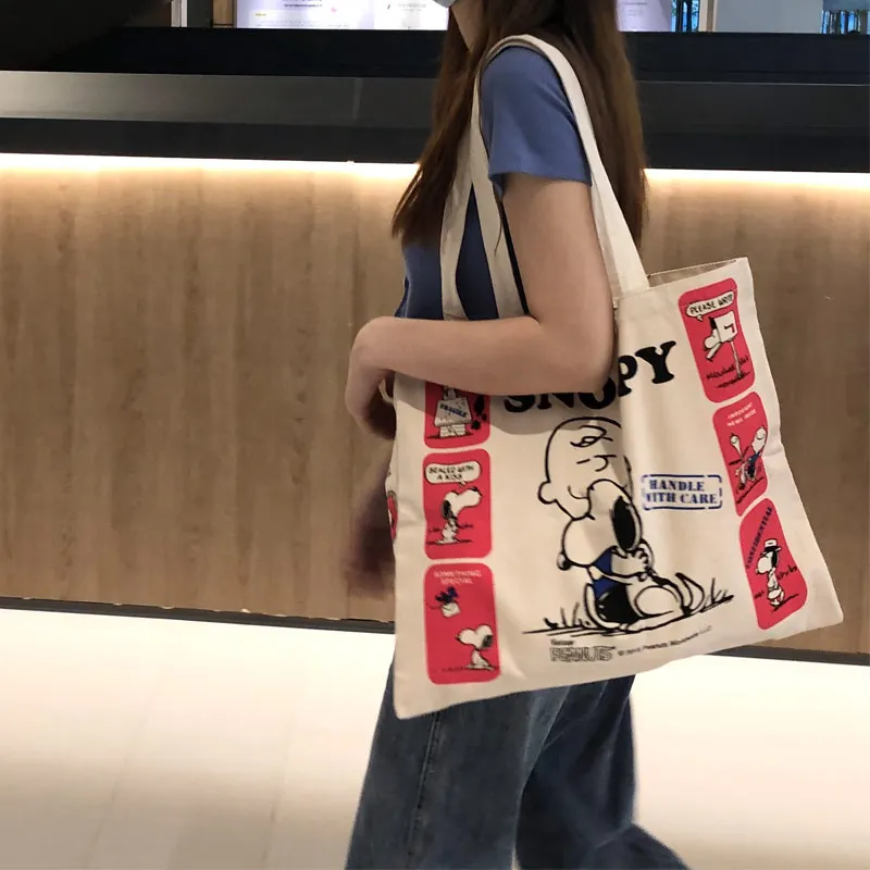 

SNOOPY Two Sided Canvas Tote Bag Different Cartoon Print Shoulder Bag Casual Eco Friendly Bag for Daily