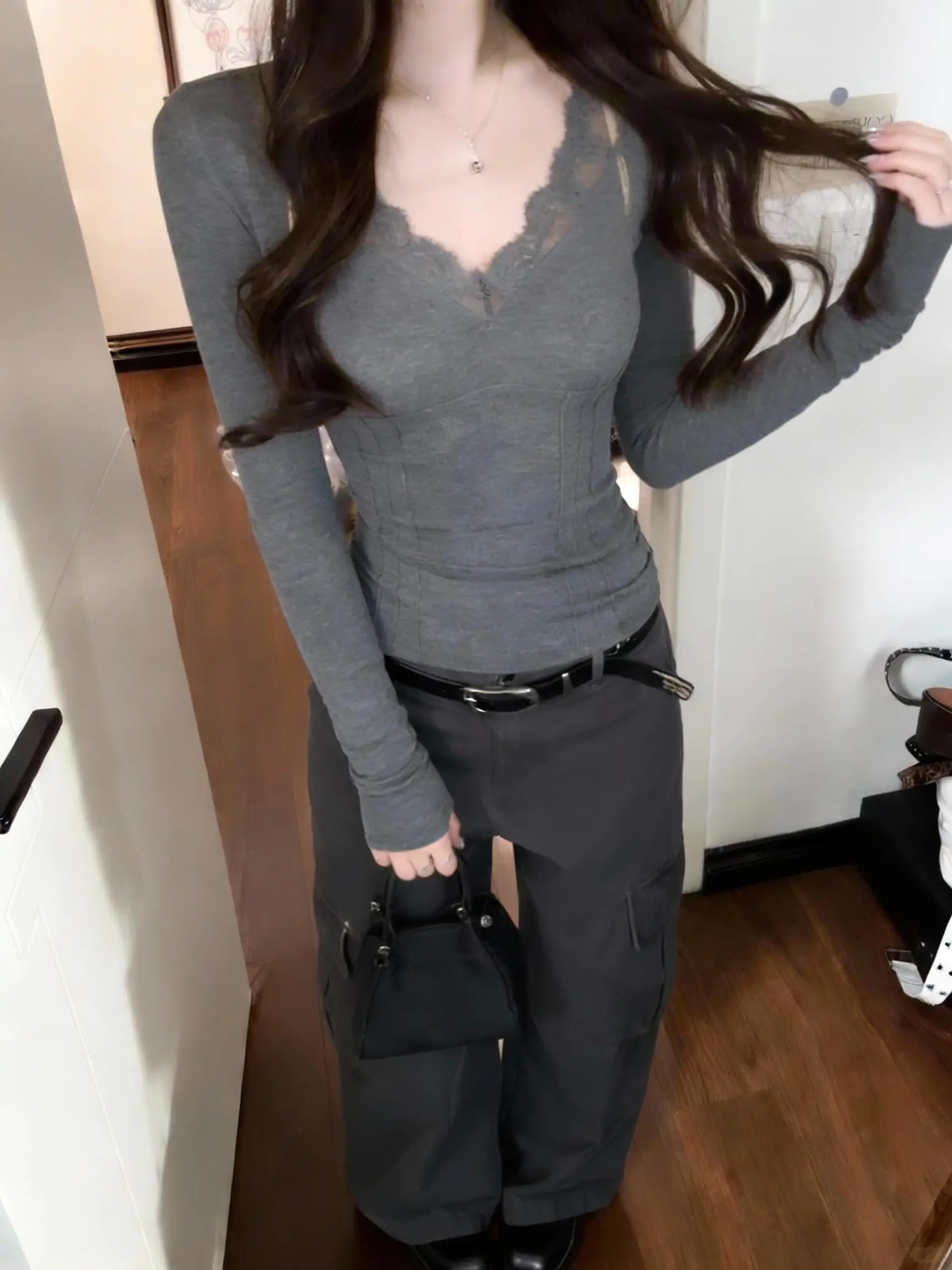 아메리칸 슬레 롱 슬리브 레이스 패치워크 티셔츠 여성용 초봄 BM 슬림핏 이너웨어 싱글 숄더 탑 시 워크