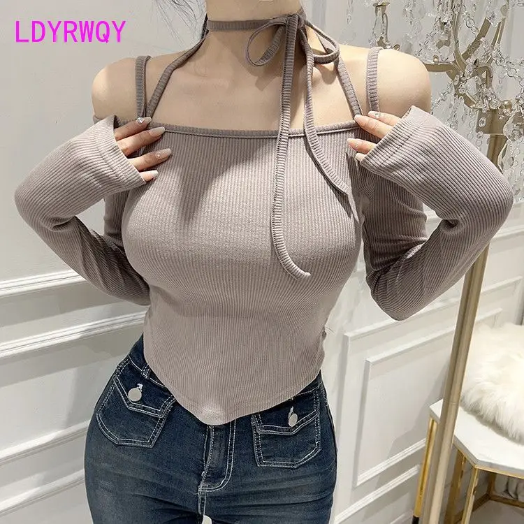 Autumn and Winter New Style Cross Lace Up Neck Hanging Off Shoulder Slim Fit Short Sleeve T-shirt for Women