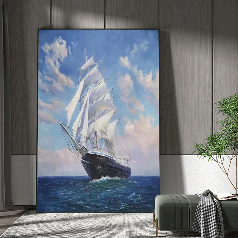 

Wall Decor Hand-Painted Seascape Canvas Wall Art Sailing Boat on The Sea Artistic Texture Oil Painting Artwork Modern Home Decor