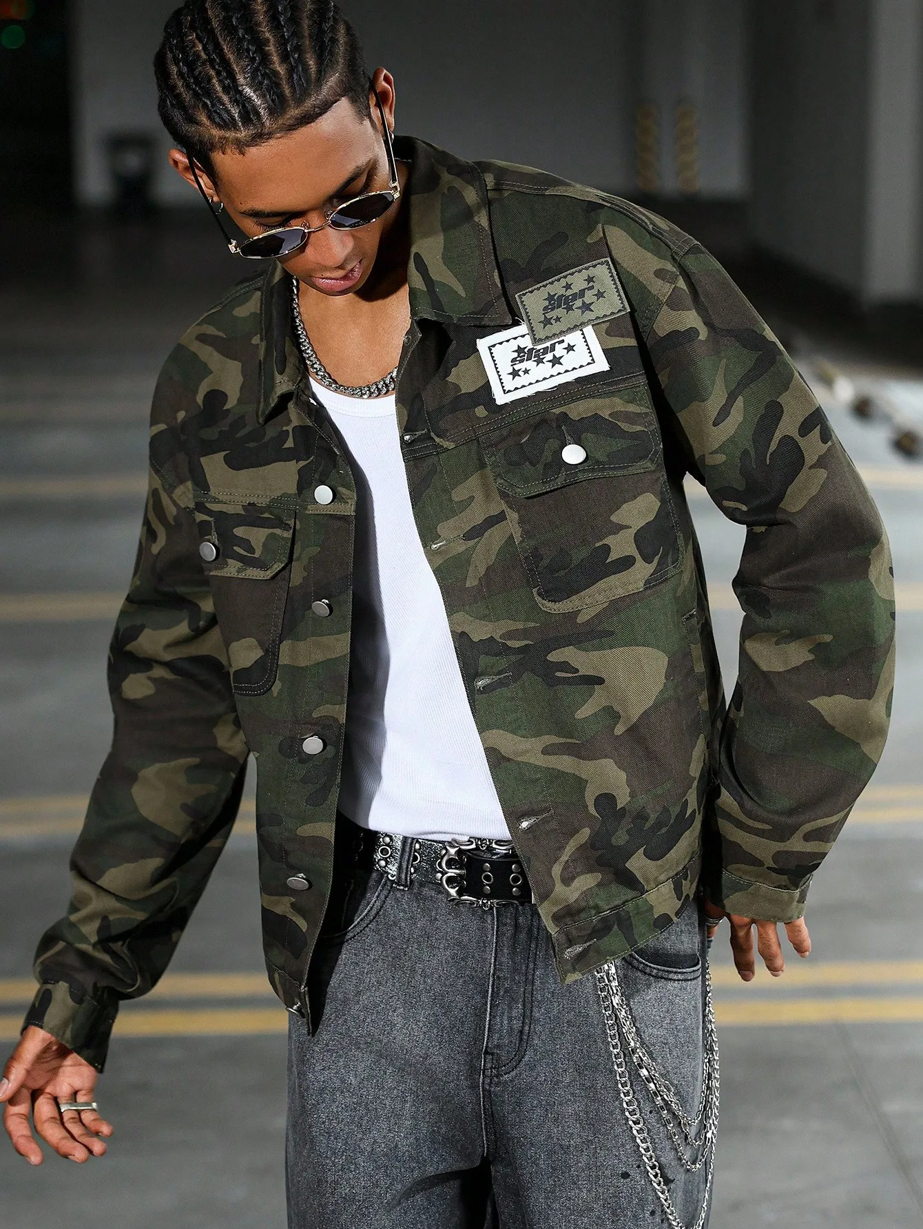 Men's Camouflage Trucker Jacket Star Patch Decoration Loose Streetwear Camo Workwear Coat Hip Hop Casual Outerwear