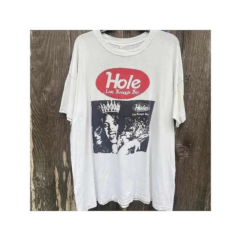 Hole Live Through: This 90s white short sleeved unisex T-shirt is fashionable and unique, with a casual round neck top
