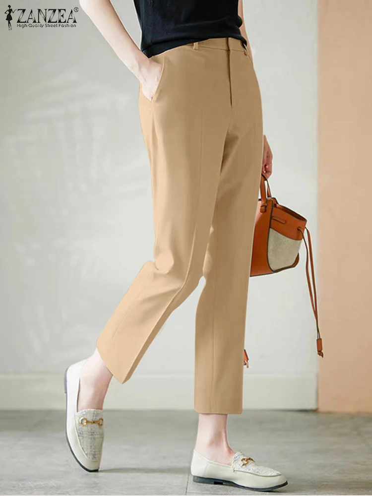 

ZANZEA Summer Pleated Long Trousers Korean Office Calf Suit Pants Women 2024 Work Solid Pantalon Fashion Nine Straight Leg Pants