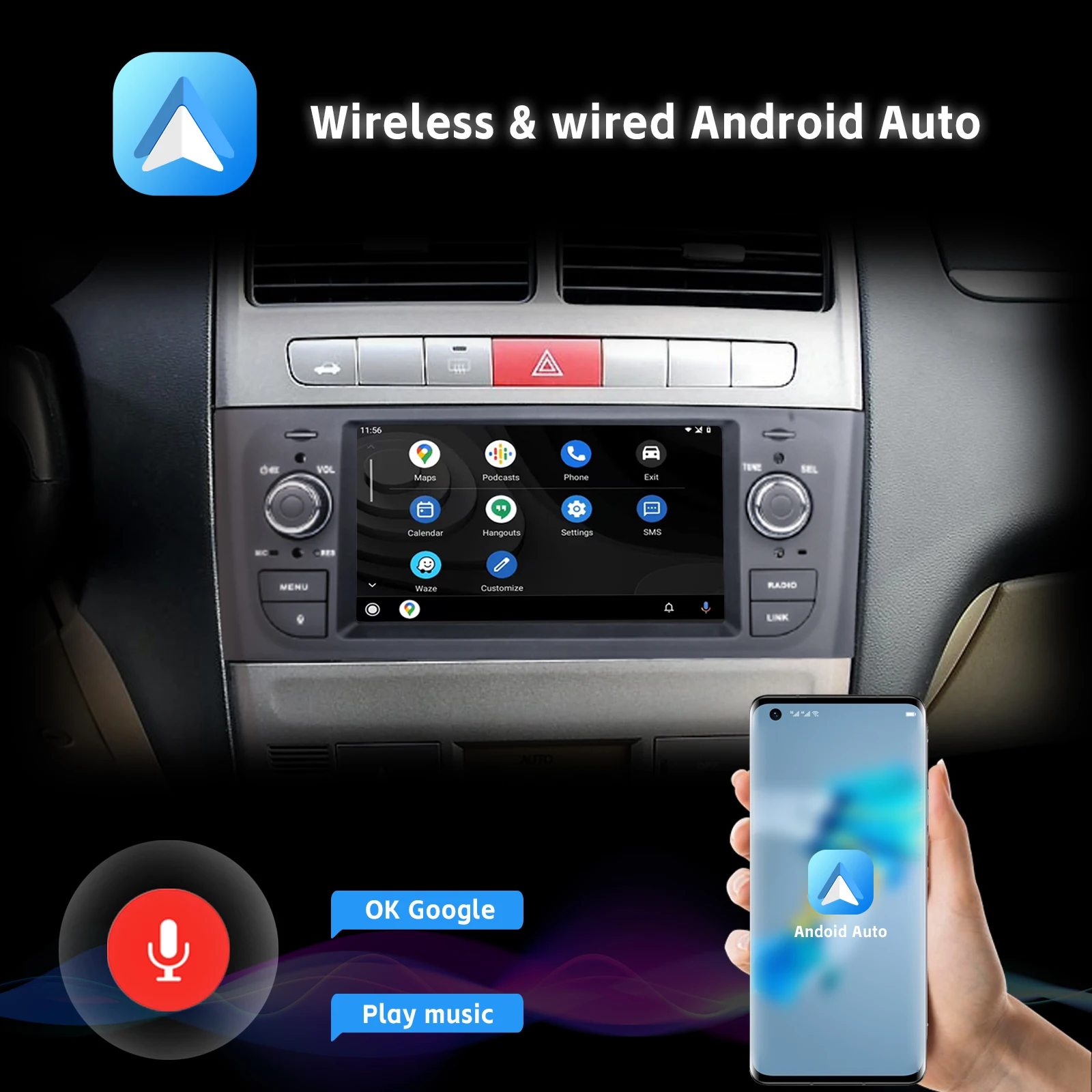 Car Radio with Wireless Carplay Android Auto DAB+ BT AHD Rear View Camera for FIAT Punto (2005-2011) with 6.1