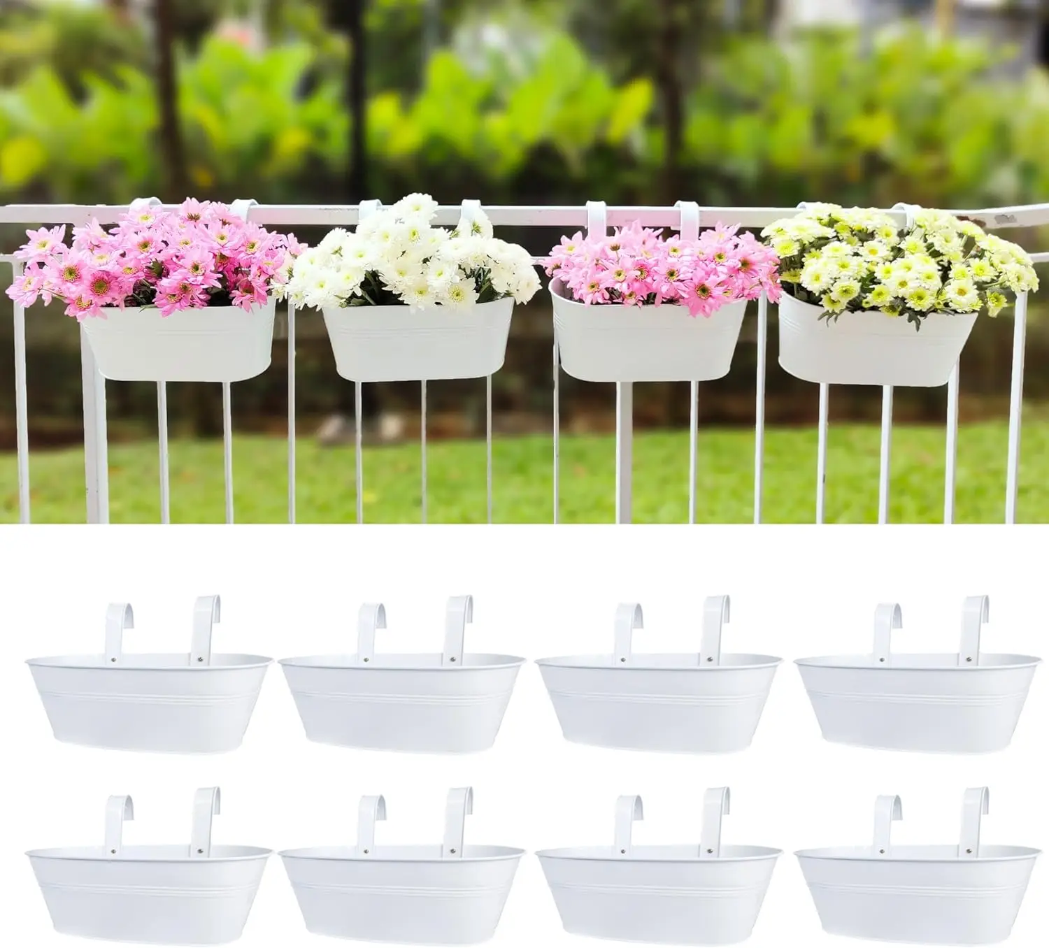 

8 Pack 17 Inch White Metal Planter Boxes for Outdoor Railing, Hanging Flower Pots with Drainage Holes for Fence Deck Wall