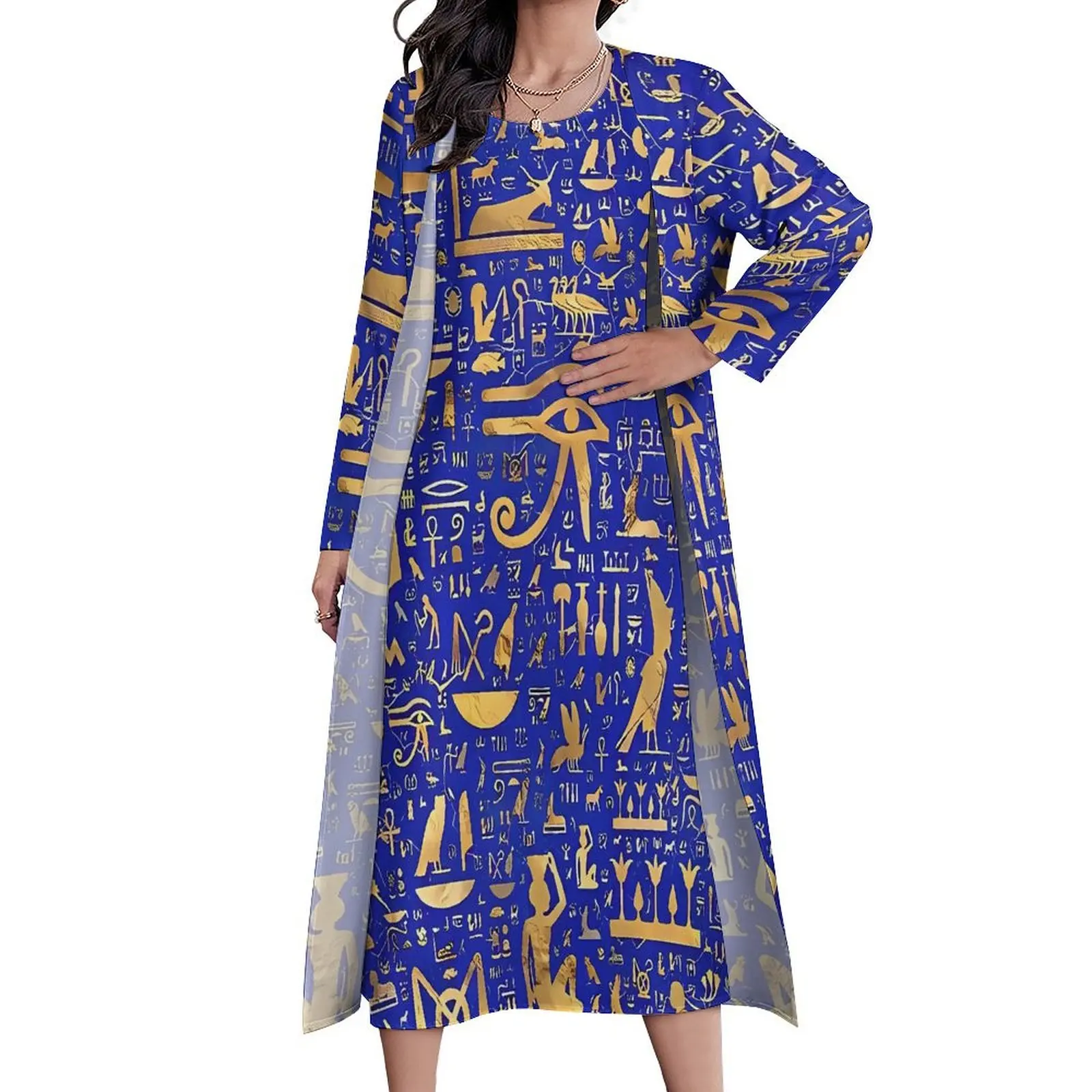 Ancient Egyptian Art Dress Blue and Gold Vintage Maxi Dress Two Piece Boho Beach Long Dresses Street Wear Oversized Vestidos