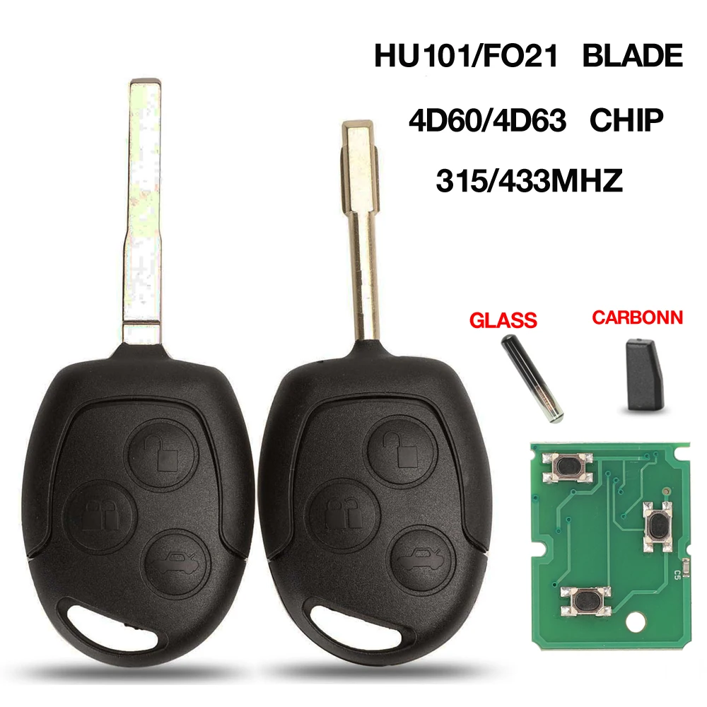 Jingyuqin 3-Tasten-Fernbedienungsschlüssel 315/433 MHz 4D60/ID63 Chip für Ford Mondeo Focus Fusion Fiesta Galaxy Transit HU101/FO21 Blade