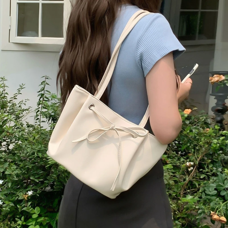 Bolso hombro con lazo para mujer, bolso tipo cubo, bolso axila Color sólido, bolso cuero PU