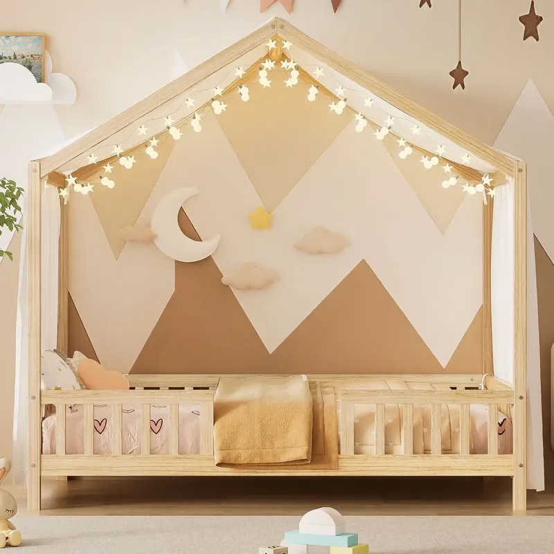 Solid Wood Kids Tent Floor Bed with Full Guardrail Customizable Childrens Sleeping Furniture for Bedroom Nursery