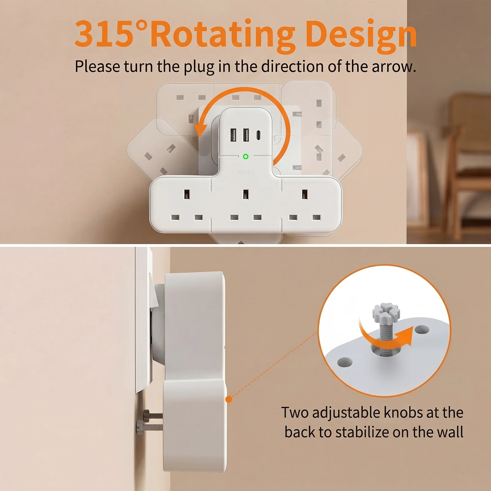 Baykul 6-in-1 UK Standard Wall Plug Extender, Rotatable Plug Extension Design, 3AC/2USB-A/1USB-C, for Travel, Household and Offi